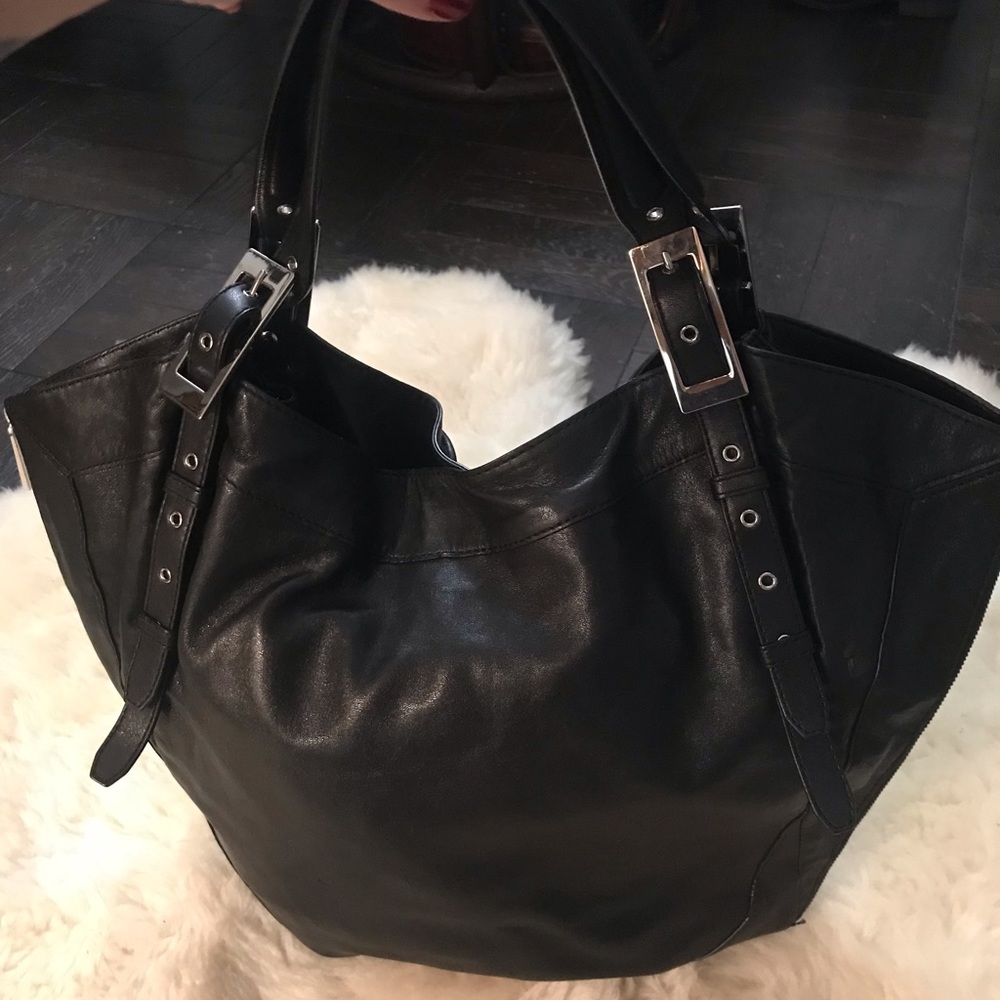 Kooba Black Leather Trapezoid Hobo Tote Handbag